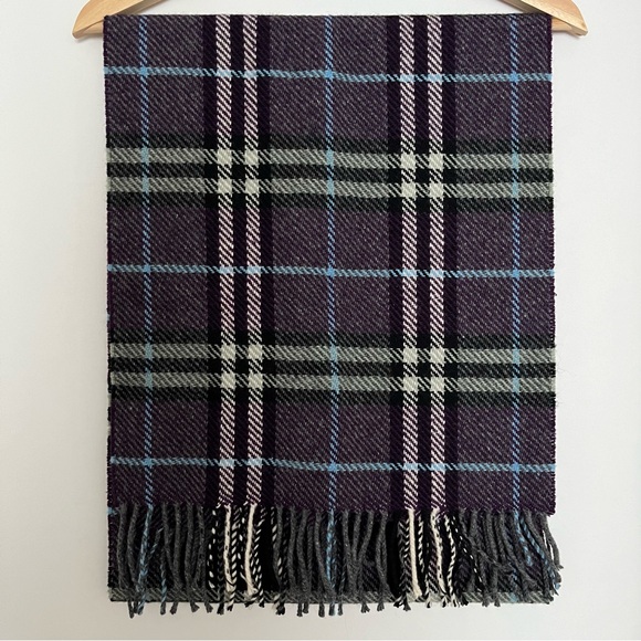 Burberry Cashmere Wool Classic Plaid Fringe Scarf, Purple/Black/Blue, 72" x 15" - Picture 1 of 6